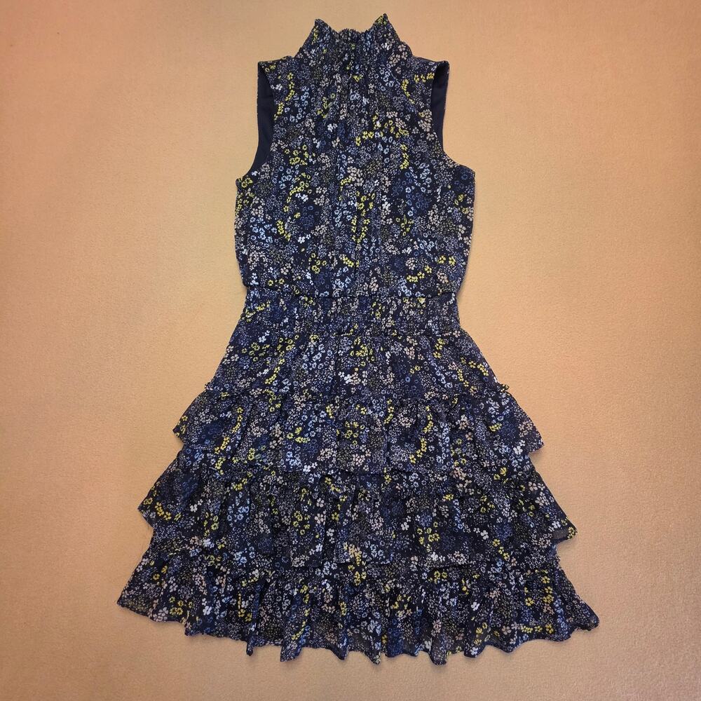 Sam & Jess Blue Floral Smocked-Waist Ruffled Tiered Sleeveless Dress Sz Small